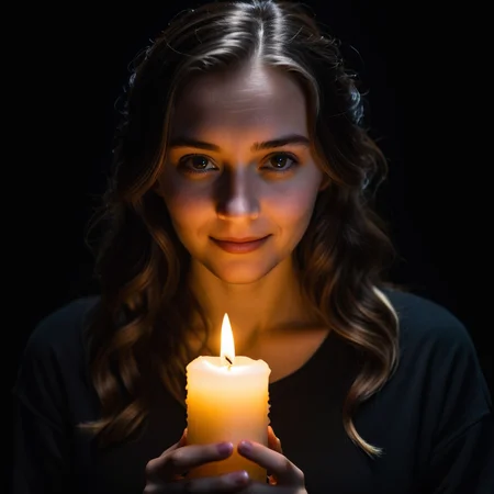 extremely detailed 16k UHD RAW photo of a woman with a candle in a pitch-black dark background, taken by a professional photographer with DSLR