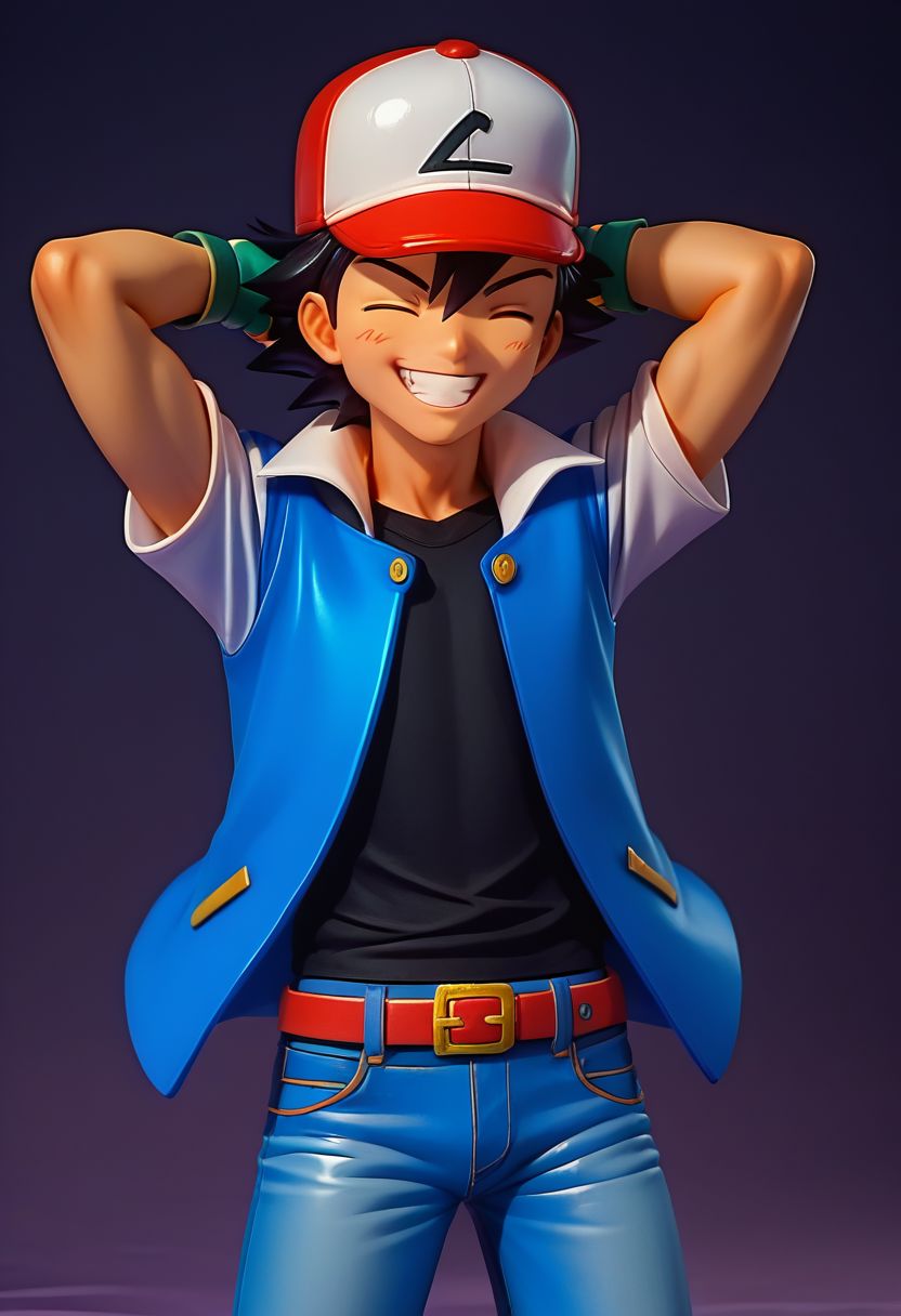 score_9, score_8_up, score_7_up, source_anime, high resolution, 
figure, solo, 1boy, ash_kanto, black hair, 
baseball cap, black t-shirt, blue jacket, open jacket, short sleeves, white sleeves, jeans, belt, fingerless gloves, 
smile, grin, hands behind head, eyes closed, 
cowboy shot, dark background, vivid lighting, best quality, realistic,