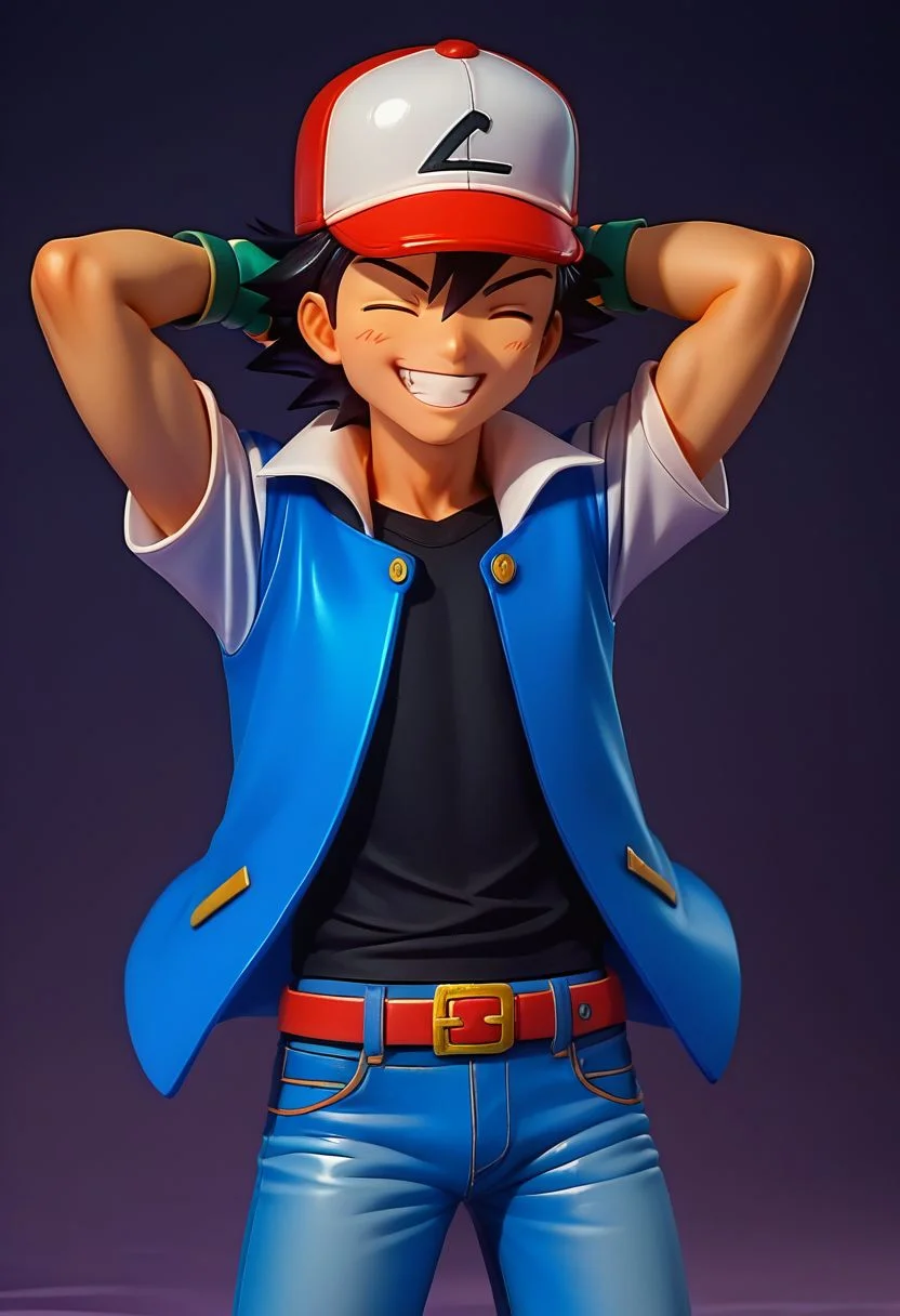 score_9, score_8_up, score_7_up, source_anime, high resolution,
figure, solo, 1boy, ash_kanto, black hair,
baseball cap, black t-shirt, blue jacket, open jacket, short sleeves, white sleeves, jeans, belt, fingerless gloves,
smile, grin, hands behind head, eyes closed,
cowboy shot, dark background, vivid lighting, best quality, realistic,