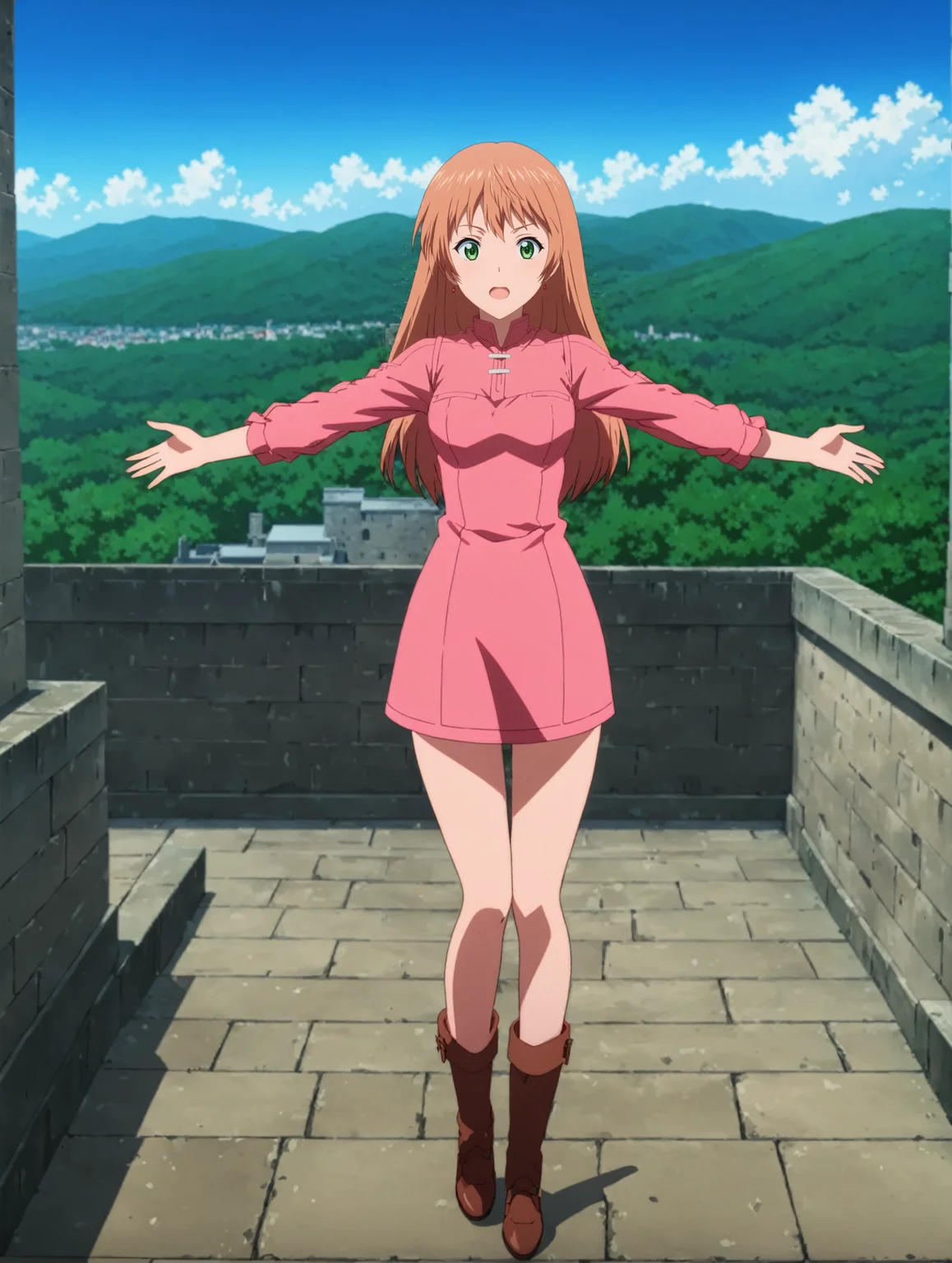 masterpiece, best quality,
anime screencap, cel shading,
<lora:remerciernike.sdxl.v2:0.95>
remerciernike, pinkdress, closed mouth, full body, standing, looking at viewer, castle, blurry background, stone wall, sky, open mouth, brown footwear,outstretched arms,
rooftop,