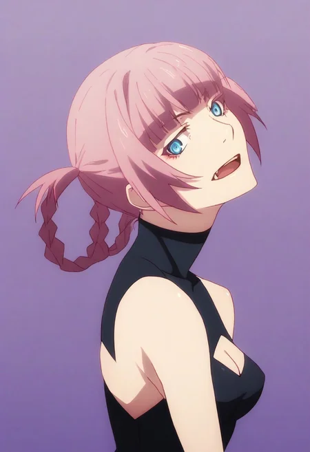 score_9_up, score_8_up, score_7_up, best quality, masterpiece, source_anime, BREAK, (portrait, face focus, close up:1.1),
(Monogatari_Style:1.5), 1girl, 20 years old, NanakusaCropTop, pink hair, short hair, blunt bangs, braid, hair rings, black crop top, turtleneck, cleavage cutout, sleeveless, small breasts, perky breasts, blue eyes, ringed eyes, fang, open mouth, from behind, shaft look, looking back, from behind, head tilt, BREAK,
purple background, simple background