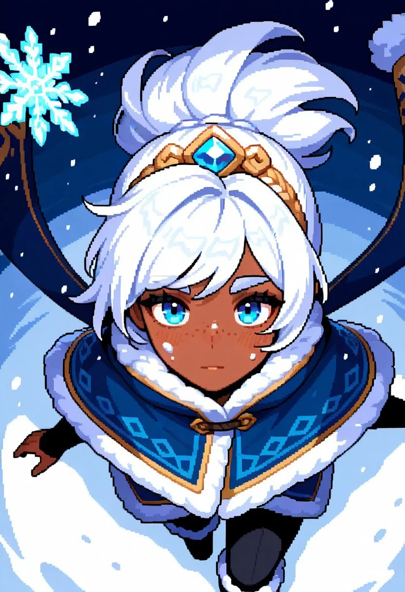 score_9, score_8_up, score_7_up, score_6_up,high quality,masterpiece,uhd,dramatic effect,cinematic effect, ,pixel art, pixel
FR_T4liy4h, white hair, blue robe, dark skinned, blue ornament, fur, black pants, fur boots, blue gem, blue eyes, freckles, tattoo,
snow, snowflake, closeup, from above, looking at viewer, snow on face,