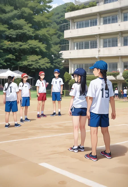 score_9, score_8_up, score_7_up, rating_safe, masterpiece, best quality, absurdres, unity 8k wallpaper, official art, official style, source_anime, uncensored, game cg, megami magazine,
tyoureidai, koutei, photo background, multiple boys, hat, outdoors, multiple girls, 6+boys, shorts, tree, long hair, sportswear, shirt, building, black hair, braid, day, black hair, scenery, white shirt
<lora:gakkou_ground_PONY_V1:1>