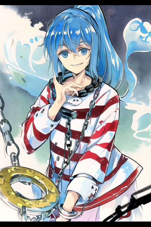 solo, 1girl, solo_focus, ((too many)):16, 
watercolor (medium), traditional media, 
miyadeguchi_mizuchi, solo, 1girl, smile, shirt, long_sleeves, skirt, hair_ornament, teeth, ponytail, chain, cuffs, blue_hair, shackles, long_hair, chains, striped_shirt, striped, skull_hair_ornament, blue_eyes, hair_tubes, bags_under_eyes, ghost, glowing_eyes, wide-eyed, spirit,