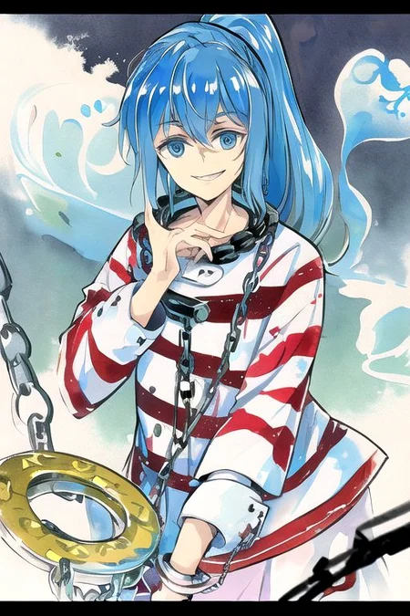 solo, 1girl, solo_focus, ((too many)):16,
watercolor (medium), traditional media,
miyadeguchi_mizuchi, solo, 1girl, smile, shirt, long_sleeves, skirt, hair_ornament, teeth, ponytail, chain, cuffs, blue_hair, shackles, long_hair, chains, striped_shirt, striped, skull_hair_ornament, blue_eyes, hair_tubes, bags_under_eyes, ghost, glowing_eyes, wide-eyed, spirit,