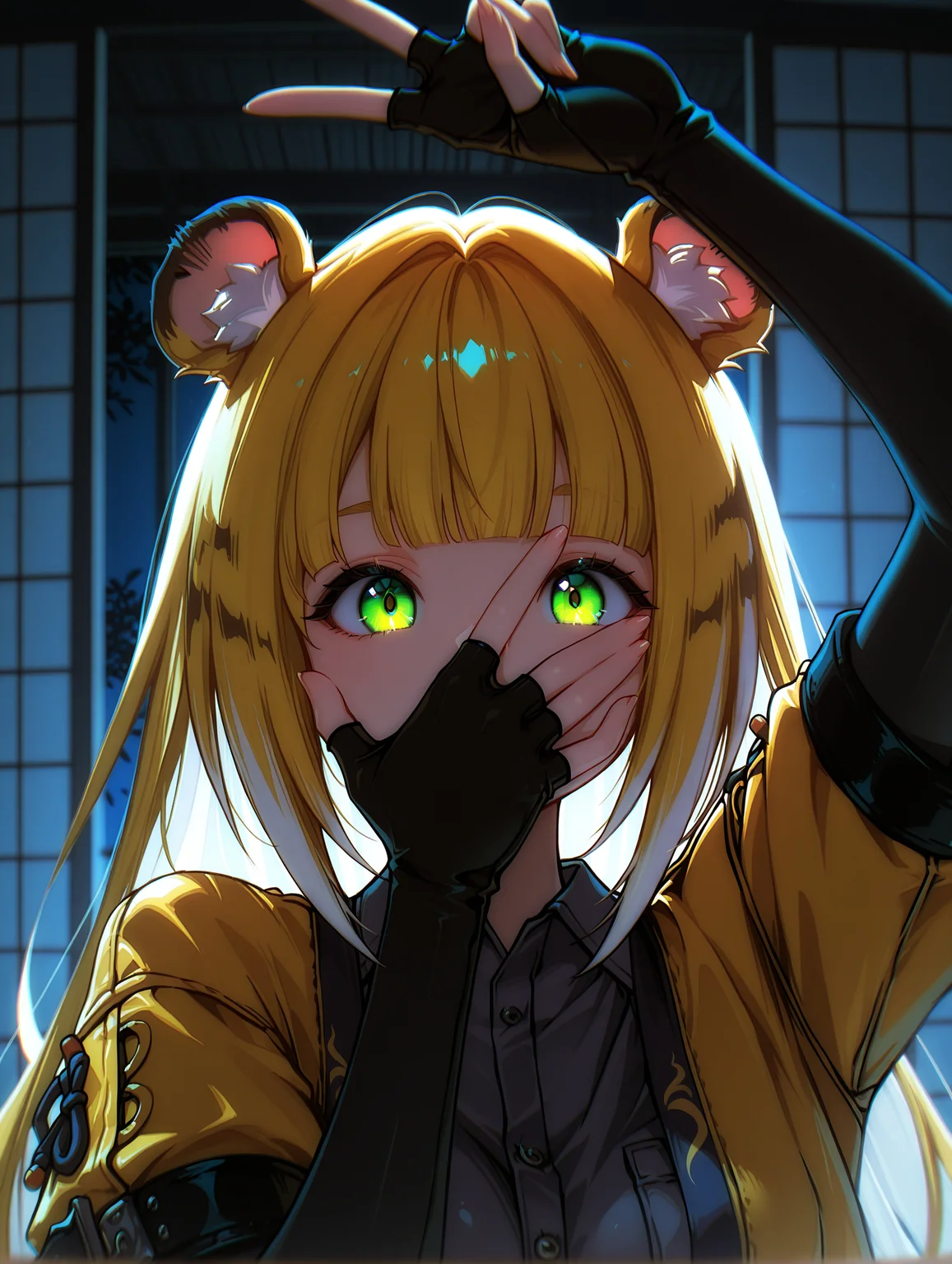 masterpiece, very aesthetic, best quality, hiper-detailed, intricate details, dramatic light, dynamic light, rich colors, solo, upper body portrait, medium breast, dark, darkness, night, imtdjufufu, 1girl, long hair, blonde hair, animal ears, tiger ears, green eyes, bangs, multicolored hair, tiger girl, gloves, shirt, fingerless gloves, black gloves, white hair, jacket, animal ear fluff, long sleeves, collared shirt, short sleeves, blunt bangs, yellow jacket, looking at viewer, indoors, covering mouth, arms up, arm up, sliding doors, tatami, hands up, v, covered mouth, covering face, depth of field, hand up, hand over own mouth, close-up, backlighting, hand gesture