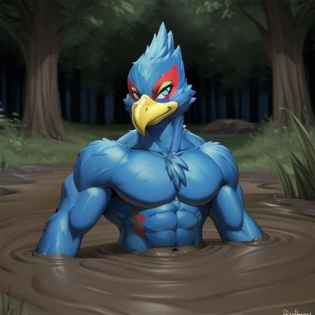 (by maxpany), uploaded on e621, <lora:partially_submerged:1> 1boy, partially submerged, portrait, (falco lombardi), (bird boy), (blue body/feathers), anthro, (muscular), (yellow beak), mud, smirking, looking at viewers, (best quality), (masterpiece), (anthro), forest background, no clothes, brown mud, (best quality), (masterpiece), tail, score_9, score_8_up, score_7_up, score_6_up