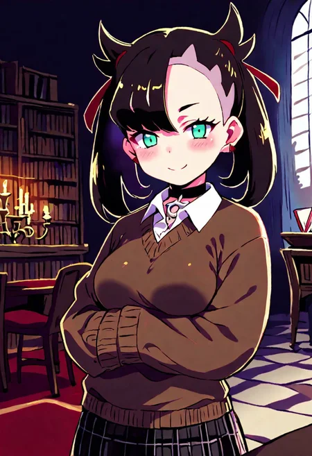 digital art, upper body shot, realistic 3D illustration, Dark Academia,, indoors, dark theme, tree, no humans, window, chair, table, plant, library, red carpet, candlestand, chandelier, books, dim lighting,
BREAK,
zzMarnie, aqua eyes, black choker,
BREAK,
closed mouth, alternate costume, smile, looking at viewer, collared shirt, blush, sweater, black skirt, eyelashes, long sleeves, sleeves past wrists, plaid skirt, blurry, tile floor, pleated skirt, white shirt, cowboy shot,
BREAK,
subsurface scattering, soft lighting, contemplative expression, dark background, subtle makeup, high-resolution, detailed texture, emotional depth, dramatic mood, side profile, serene atmosphere, cinematic lighting. perfectly round breasts, medium breasts, firm breasts, eye contact