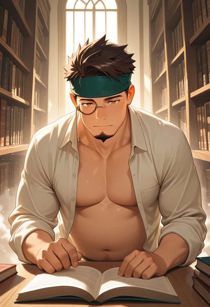 1boy, mbti_isfp, mature man, muscle body, (chubby:0.8), short hair, brown eyes, goatee, headband, monocle, reading book, library, desk, sunlight, focused, calm, intellectual, aesthetic, warm tones, charming, highres, masterpiece, best quality, dust motes, undone shirt, suggestive pose, close-up, intimate