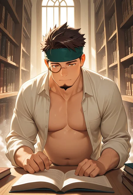 1boy, mbti_isfp, mature man, muscle body, (chubby:0.8), short hair, brown eyes, goatee, headband, monocle, reading book, library, desk, sunlight, focused, calm, intellectual, aesthetic, warm tones, charming, highres, masterpiece, best quality, dust motes, undone shirt, suggestive pose, close-up, intimate