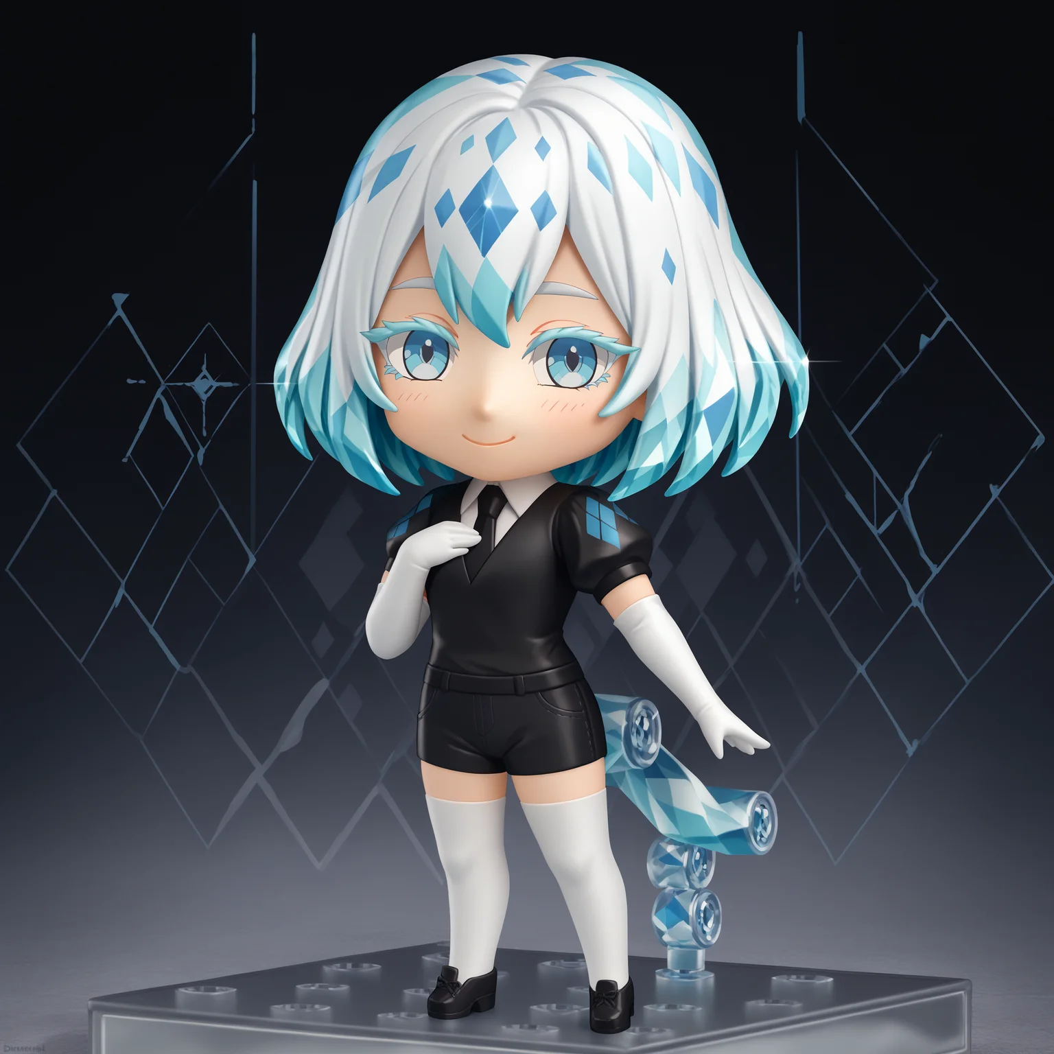 score_9, score_8_up, score_7_up, faux figurine, nendoroid, full body, figure, platform, solo, <lora:Nendoroid_pdxl_Incrs_v1:1>, <lora:Hoseki_HousekiNoKuni_Diamond_PDXL_v1:0.8> hskdmnd, white skin, crystal hair, colored eyelashes, multicolored hair, short hair, black shirt, puffy short sleeves, collared shirt, black necktie, elbow gloves, white gloves, black shorts, white thighhighs, black footwear, hand on own chest, black background, looking at viewer, smile, standing, argyle background, diamond, chibi,