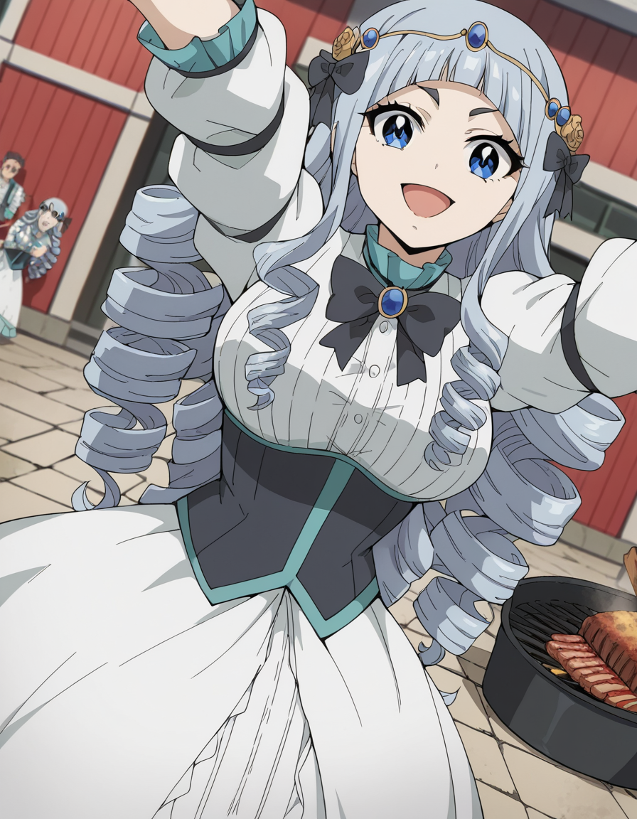 score_9, score_8_up, score_7_up, source_anime, <lora:fairy-tail-touka-100yq-ponyxl-lora-nochekaiser:1>, touka, long hair, bangs, blue eyes, grey hair, blunt bangs, tattoo, drill hair, large breasts, hair bow, circlet,, long sleeves, dress, bow, puffy sleeves, bowtie, white dress, black bow, juliet sleeves, black bowtie, backyard, barbecue, grilling, laughter, summer evening, , looking at viewer, on back, arm support, arms up, incoming hug, pov, reaching, reaching towards viewer,, solo,, dutch angle,