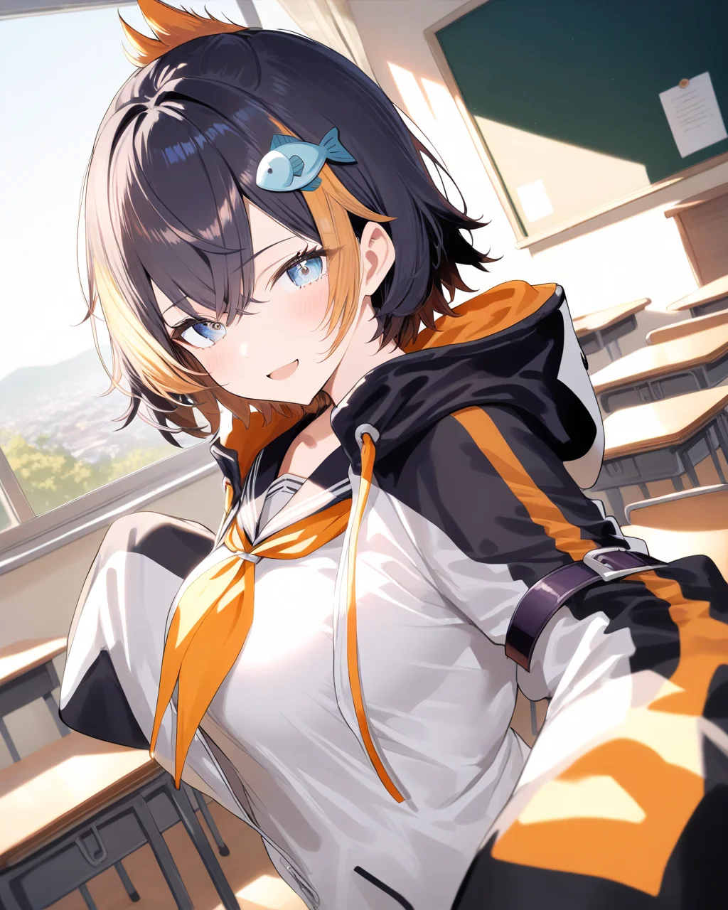 1girl,
PetraGurinNijisanji,
safe, solo, perspective, dutch angle, from side, upper body,
light smile, looking at viewer, \:d,
fish hair ornament,
two-tone hoodie, long sleeves,
sleeves past fingers,
arm strap,
black sailor collar, orange neckerchief,
white shirt, large breasts, white shirt,
spring, classroom,
depth of field,
<lora:kp_PetraGurinNijisanji1stCostumeAnimagineXL_v1_1:1.0>,
masterpiece, high score, great score, absurdres