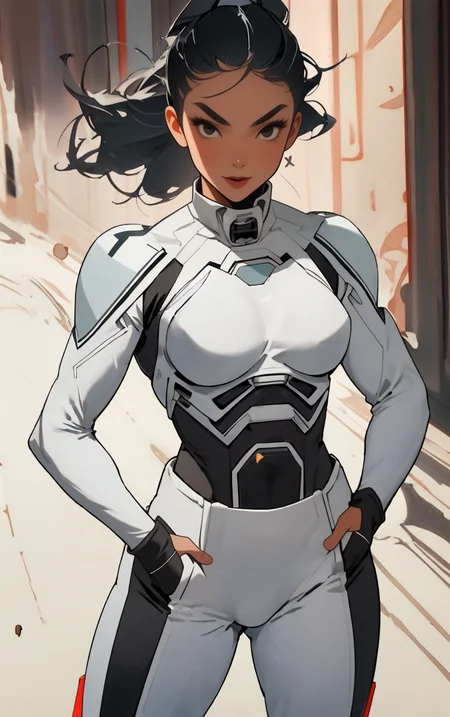((masterpiece, best quality)), solo, looking at viewer, amazon_woman whit black hair wearing spacesuit, long hair, "Joyful laughter", "Slicked-back hairstyle" hair, "Casual hands-in-pockets stance" pose , skin tight, depth of field, light particles,
<lora:GoodHands-beta2:1>,
<lora:BrazilianWomanAmazon_V1.0:1>,
<lora:muscle_slider_v1:2>,
<lora:weight_slider_v2:-1>,
<lora:hair_length_slider_v1:1>,
<lora:spacesuitV1.0:0.7>,
<lora:wuxia2:1>