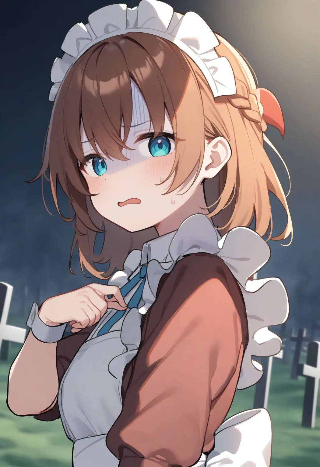 1girl,sincos, ningen mame, toosaka asagi,solo,medium breasts,20yo,maid,maid headdress,
donbiki,<lora:donbiki_XL_v1:0.7>
open mouth, sweatdrop, looking at viewer, shaded face, hand on own chest, turn pale, jitome, disgust, gloom (expression), d:, frown, empty eyes, no pupils,
from side, upper body, orange hair, blue eyes, cemetery, tired hair,,
best quality, very aesthetic, absurdres
