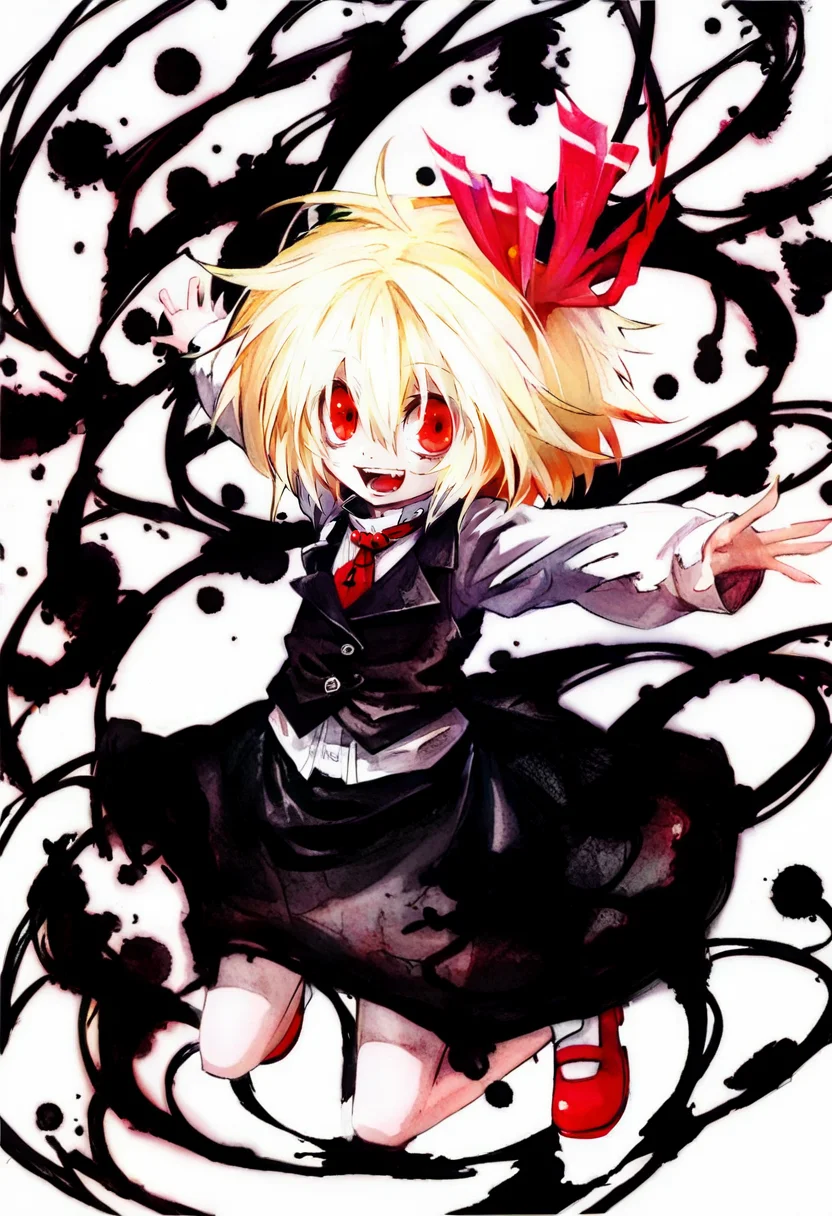 1girl, rumia, solo, red eyes, blonde hair, hair ribbon, ribbon, darkness, short hair, necktie, outstretched arms, open mouth, skirt, vest, smile, shirt, shoes, mary janes, spread arms, white background, simple background <lora:banpaiAkiraOSXL_NBVP1_lokr_V6311P:0.95>