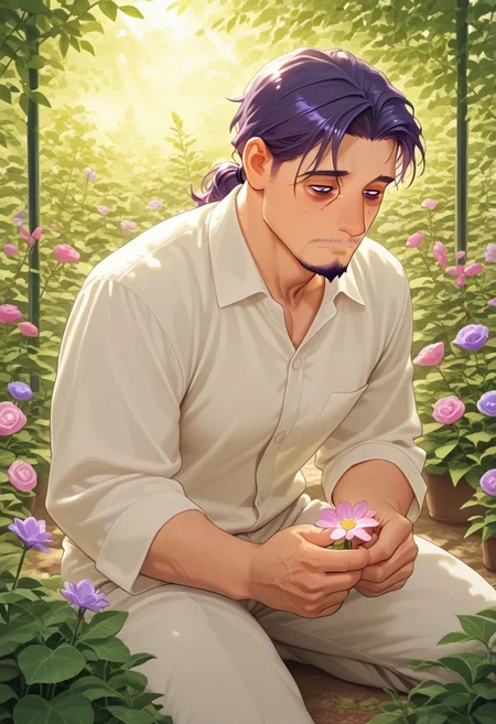 1boy, mbti_intp, mature man, purple eyes, droopy eyes, eye bags, tied hair, goatee, kneeling in a lush garden, examining a flower, wearing a comfortable linen shirt, soft sunlight filtering through leaves, surrounded by vibrant flora, a gentle and curious expression, natural and charming aesthetic, detailed botanical elements