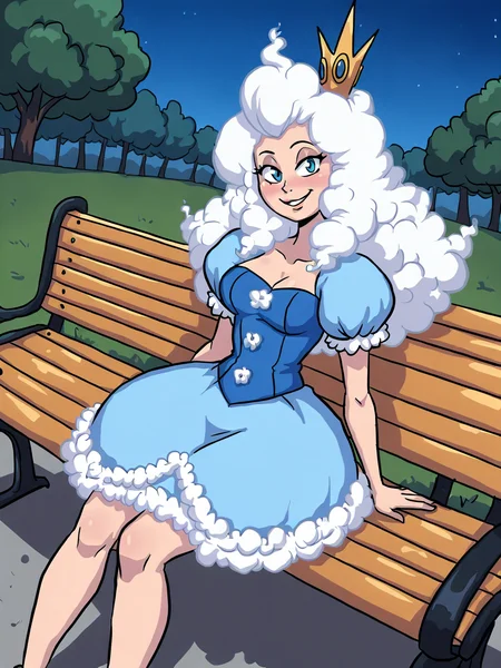 (masterpiece,best quality,newest,absurdres,highres), Cl0udi4, 1girl, solo, long hair, white hair, blue eyes, crown, blue dress, smile, looking at viewer, in the park, sitting on a bench, <lora:Queen_Cloudia_IllustriousXL-000008:0.8>