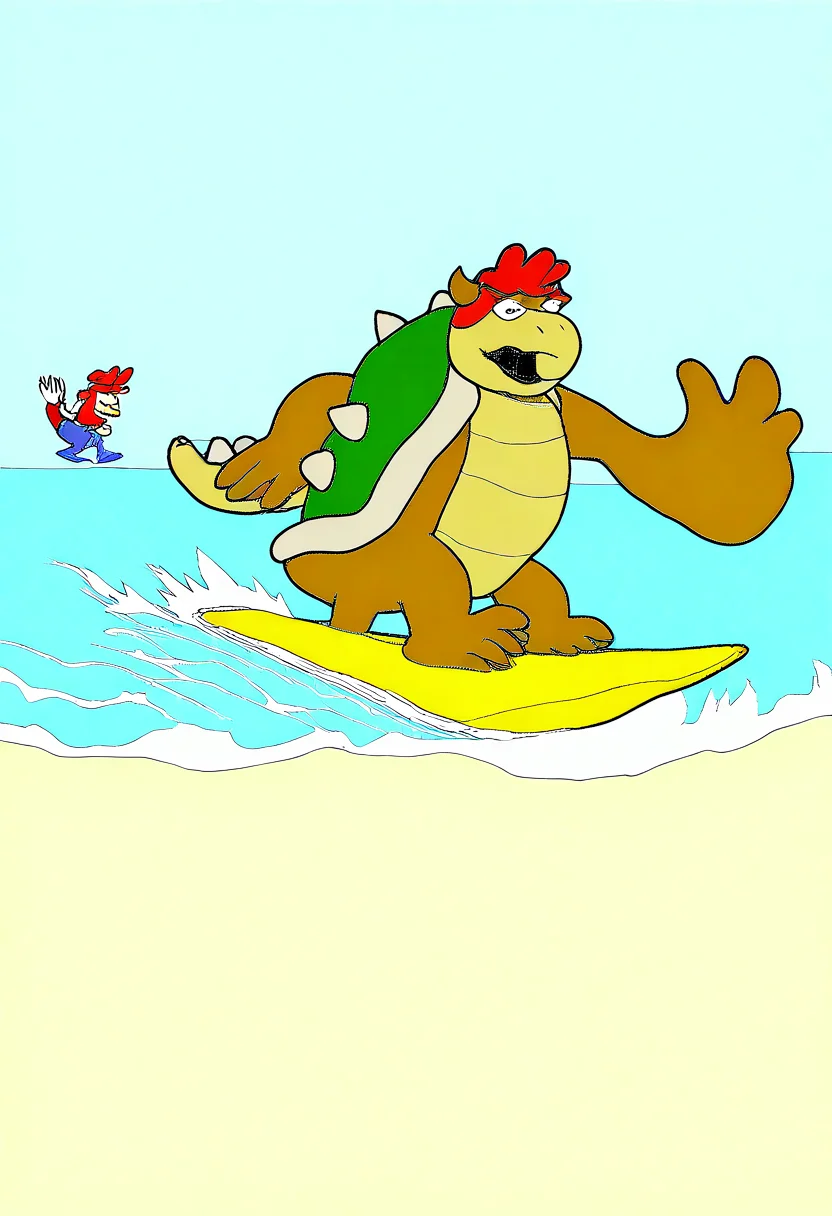 masterpiece, very aesthetic, sbhj, bad quality, worst quality, worst detail, 1boy, Bowser (Super Mario), 1boy, Krookodile (Pokémon), sexy pose, seductive look, wearing surf shorts, surfing, ocean, beach