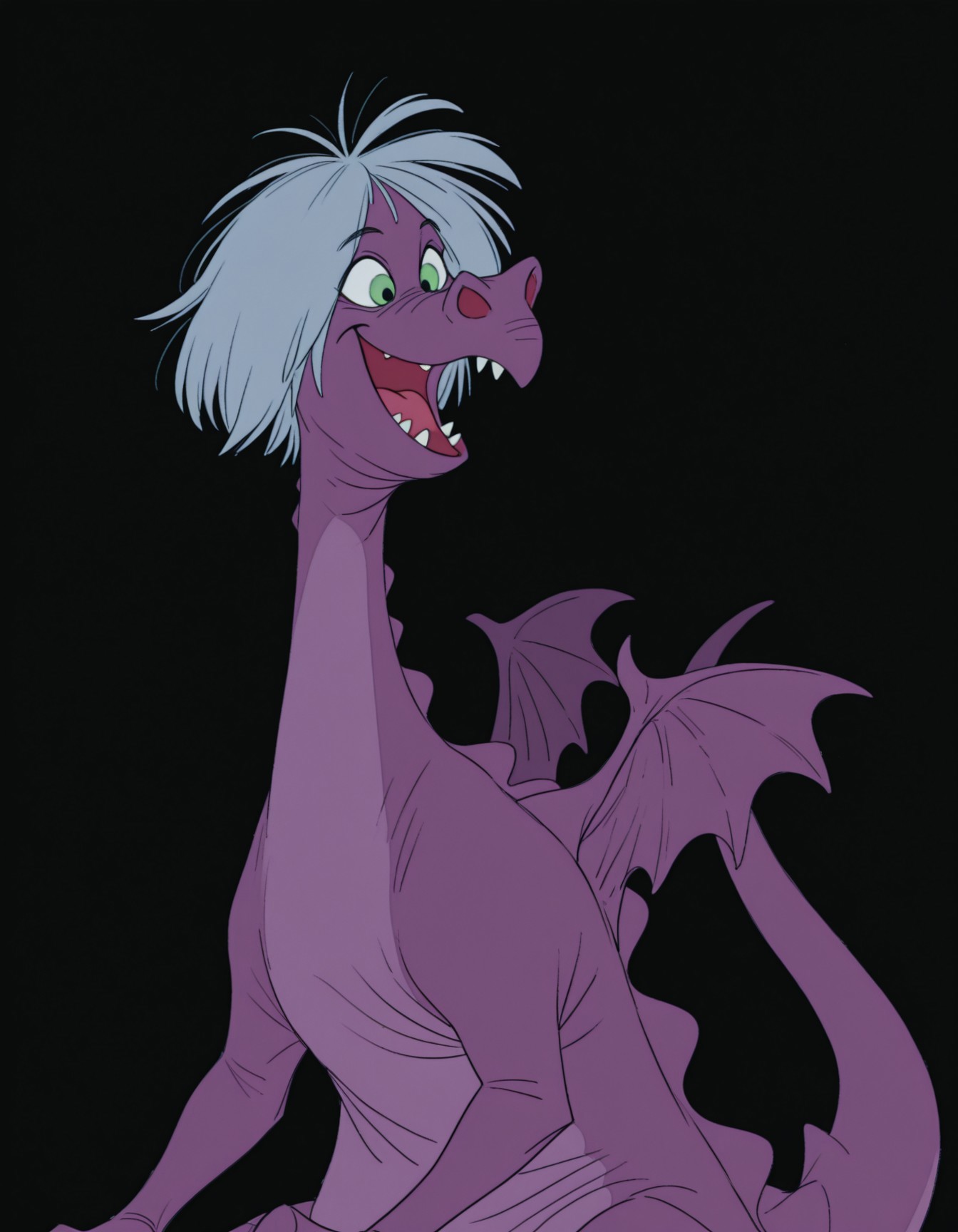 smooth quality, masterpiece, very intricate, high quality details, ultra realistic, high detailed skin, detailed environment, absurdres, solo, simple background, black background, color drain, erosdragonmadammim, purple dragon, green eyes, grey hair, wings, tail, animal, no humans, sharp teeth, smile, open mouth