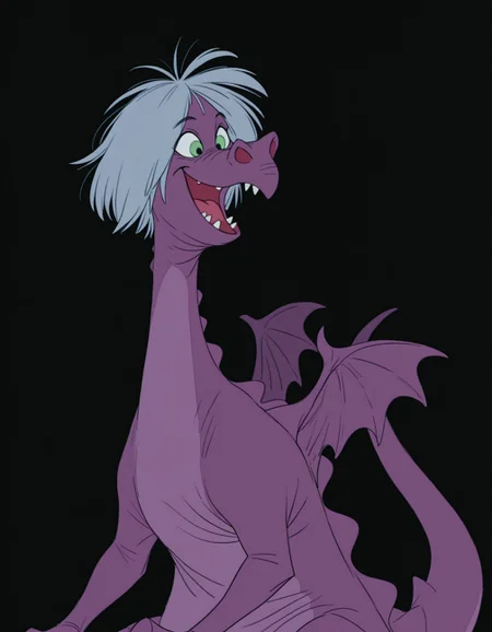smooth quality, masterpiece, very intricate, high quality details, ultra realistic, high detailed skin, detailed environment, absurdres, solo, simple background, black background, color drain, erosdragonmadammim, purple dragon, green eyes, grey hair, wings, tail, animal, no humans, sharp teeth, smile, open mouth