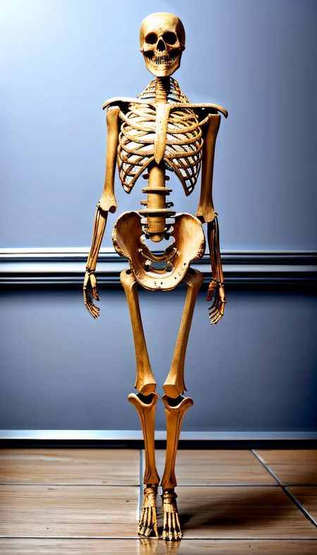 in the bedrrom (Realistic:1.5) woman skeleton standing on stone floor <lora:EdobSkeletonFemale_v1.0:1>