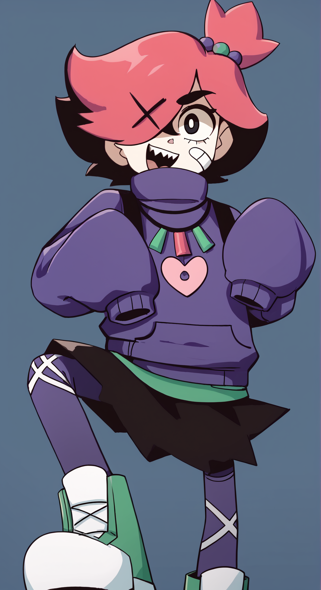 ((score_9)), score_8_up, score_7_up, high quality, masterpiece,    epitheterased, handfixer, 1girl, TrixieEE, Pink Hair, hair over one eye, sharp teeth, short hair, hairclip, black eyes, side ponytail, bandaid on face, ((cute)), ((short)), skinny, slender, ((petite body)), purple sweater, sleeves past wrists, hair ornaments, hair bobbles, sleeves past fingers, necklace, pantyhose, turtleneck, green footwear, sneakers , black skirt, flat colors <lora:Trixie_Roughhouse:1>,<lora:HandFixer_pdxl_Incrs_v1:1>,<lora:EpithetErased:0.7>