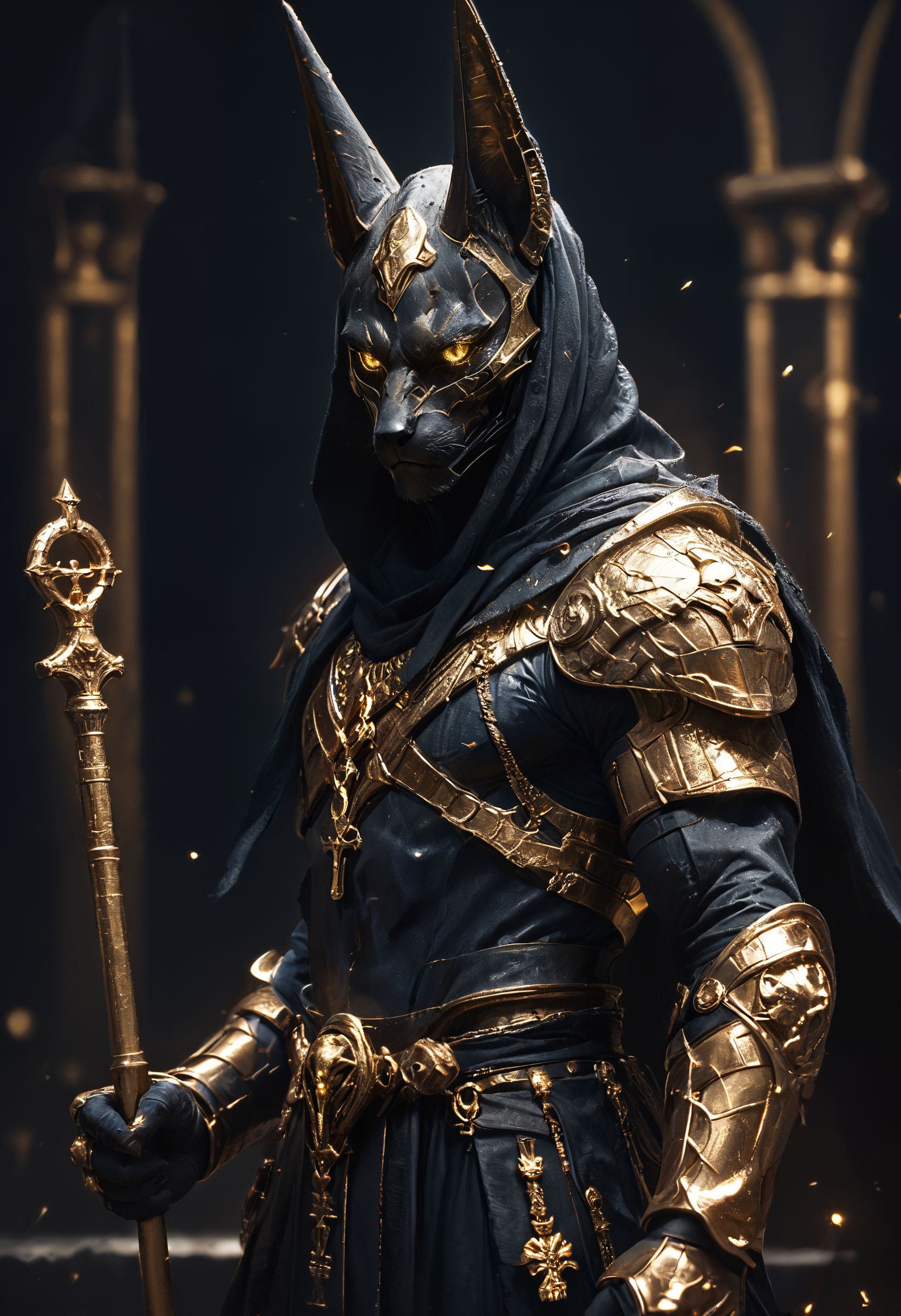 (score_9, score_8_up), score_7_up, Highly detailed RAW color Photo, side view, from side, cowboy shot, glowing eyes, yellow eyes, holding staff, holding, arm up, glistening, glowing, Anubis as an anime character in a dynamic pose, 1 arm up, shoulder armor, gauntlets, pauldrons, mask, dark, hood, full armor, looking at viewer, all black and gold armor, black cloak, occult, dark theme, black and gold theme, black background, simple background, gold and black armor, gold, gold jewelry, dark,
dark lighting, dof, depth of field, realistic, dark background, CINE, embers, low-key, hkwarrior, 
<lora:unholy-000009:0.6> <lora:CINE-000008:0.4>
<lora:PonyFantasyWarriorsEgypt:0.6> <lora:- SDXL - vanta-black_contrast_V3.0:0.7> <lora:Egyptian mythology style:0.5> <lora:ancient egyptian style:0.5>