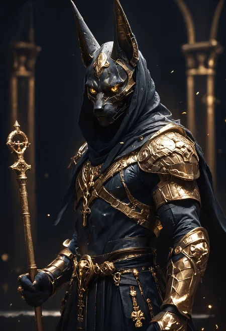 (score_9, score_8_up), score_7_up, Highly detailed RAW color Photo, side view, from side, cowboy shot, glowing eyes, yellow eyes, holding staff, holding, arm up, glistening, glowing, Anubis as an anime character in a dynamic pose, 1 arm up, shoulder armor, gauntlets, pauldrons, mask, dark, hood, full armor, looking at viewer, all black and gold armor, black cloak, occult, dark theme, black and gold theme, black background, simple background, gold and black armor, gold, gold jewelry, dark,
dark lighting, dof, depth of field, realistic, dark background, CINE, embers, low-key, hkwarrior, 
<lora:unholy-000009:0.6> <lora:CINE-000008:0.4>
<lora:PonyFantasyWarriorsEgypt:0.6> <lora:- SDXL - vanta-black_contrast_V3.0:0.7> <lora:Egyptian mythology style:0.5> <lora:ancient egyptian style:0.5>