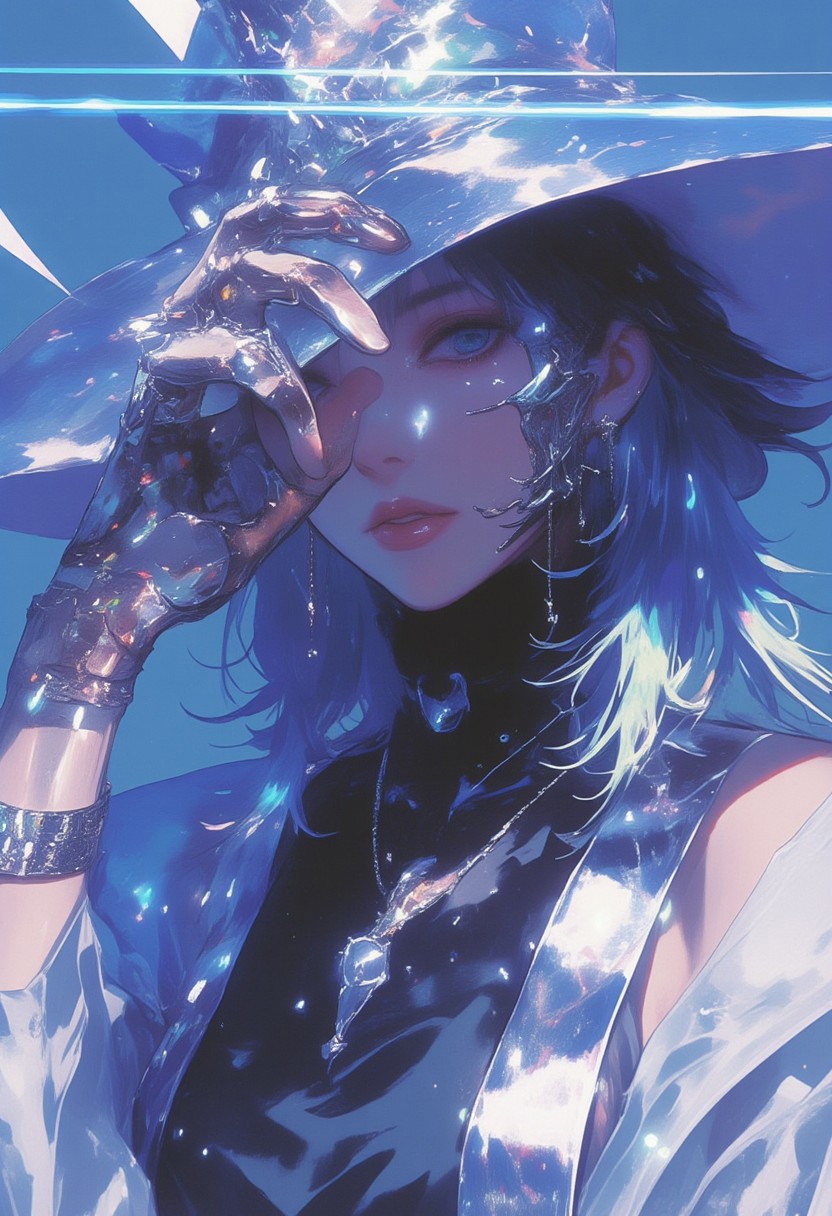 In a hyper-realistic **ne0nfant4sy** vision, the **chrome-clad figure** leans forward, one foot stepping ahead in a stance of quiet readiness. Their right hand grips the brim of the **chrome silver non la**, revealing just a sliver of their face—sharp, angular features accented by **chrome-plated cheekbones and jawline**, giving them a sleek **mechanical-human hybrid** appearance. The **metallic tassels** flow forward, as if caught in motion, partially obscuring the rest of the face beneath the hat, heightening the character's sense of anonymity. The sleeveless **chrome robe**, glossy and reflective, ripples gently in the air, catching vibrant streaks of **neon blue light** from the glowing backdrop. The intricate, **glowing silver tattoo** on the exposed left arm contrasts against the polished chrome surface, its fine details pulsing with an ethereal glow. The figure radiates readiness, their stance poised for imminent action, embodying a fusion of **futuristic technology** and **traditional elegance**, standing out against the surreal neon landscape.
 ((glow_skin,iridescent skin,oily skin,portrait, Detailed hand, Hand, Perfect hand, in the style of Jed-clrfl, surreal photo, iridescent, aesthetic))