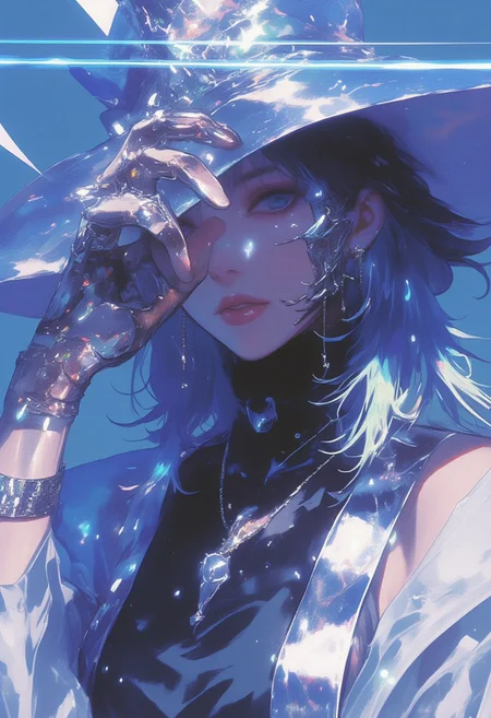 In a hyper-realistic **ne0nfant4sy** vision, the **chrome-clad figure** leans forward, one foot stepping ahead in a stance of quiet readiness. Their right hand grips the brim of the **chrome silver non la**, revealing just a sliver of their face—sharp, angular features accented by **chrome-plated cheekbones and jawline**, giving them a sleek **mechanical-human hybrid** appearance. The **metallic tassels** flow forward, as if caught in motion, partially obscuring the rest of the face beneath the hat, heightening the character's sense of anonymity. The sleeveless **chrome robe**, glossy and reflective, ripples gently in the air, catching vibrant streaks of **neon blue light** from the glowing backdrop. The intricate, **glowing silver tattoo** on the exposed left arm contrasts against the polished chrome surface, its fine details pulsing with an ethereal glow. The figure radiates readiness, their stance poised for imminent action, embodying a fusion of **futuristic technology** and **traditional elegance**, standing out against the surreal neon landscape.
((glow_skin,iridescent skin,oily skin,portrait, Detailed hand, Hand, Perfect hand, in the style of Jed-clrfl, surreal photo, iridescent, aesthetic))