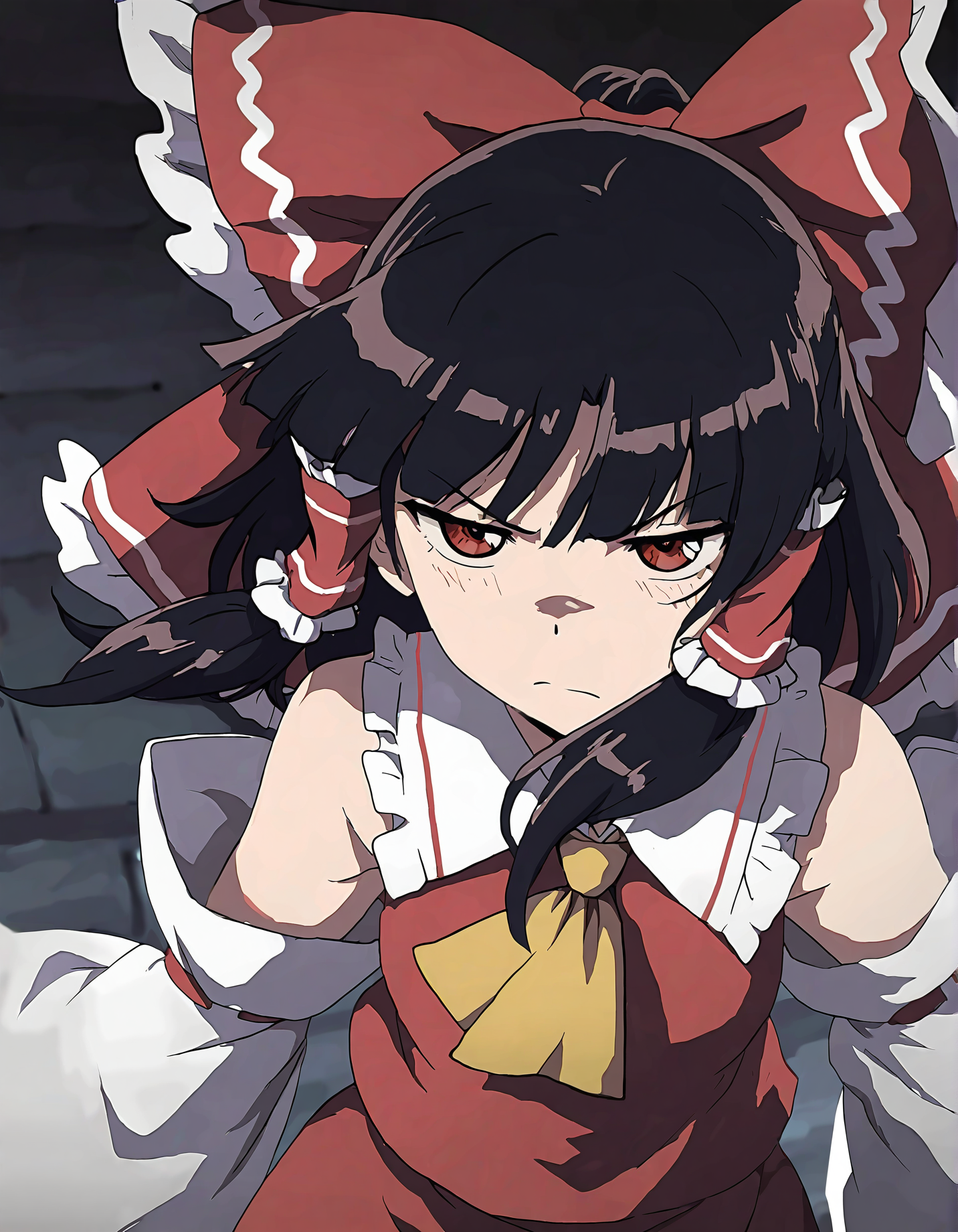 memoriesofphantasm, 1girl, solo, hakurei reimu,
very awa, masterpiece, best quality, year 2024, newest, highres, absurdres, <lora:memories-of-phantasm-style-noobai-vpred10:1>