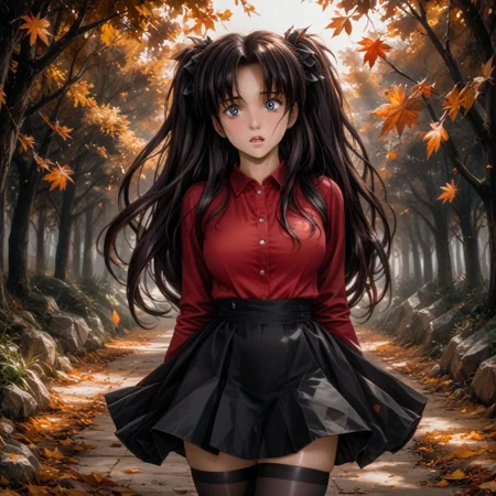 masterpiece,best quality, highly detailed, score_9, score_8_up, score_7_up, Expressiveh, tohsaka rin, 1girl, solo, from behind, looking at viewer, (wind), shiny skin, (uru5h1h4r4:1.3),
BREAK 
long hair, black hair, twintails, hair ribbon. blue eyes, wide-eyed, open mouth, surprised, embarrassed, full-face blush, floating hair, wavy mouth,
BREAK red shirt, long sleeves, narrow waist, miniskirt, black skirt, floating clothes, skirt lift, wind lift, skirt tug, v arms, ass, (buttplug), black thighhighs, 
BREAK outdoors, blue sky, leaf, petals, wind,