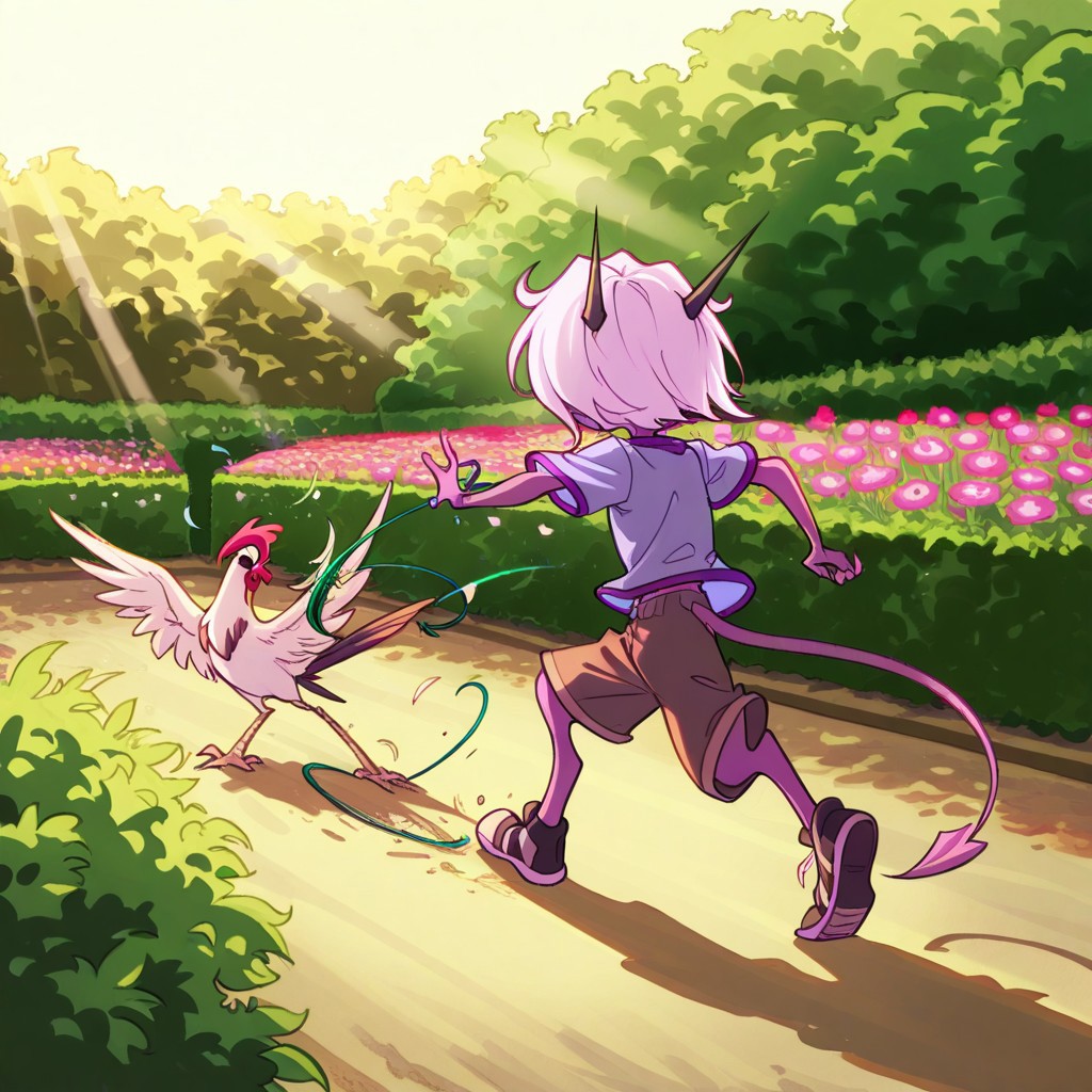 score_9, score_8_up, score_7_up,namah_calah,
1girl,solo,furry,tail, source_furry,horns,
 ,<lora:namah_calah_illustrious:0.8>,
child, kid, 
Chasing a rooster Through a Garden, peacock, chasing, garden, shorts, shirt, sneakers, sunlight, flowers, feathers, panting, bushes, wild_run, bright_tones, sprinting after a rooster, shorts and sneakers tearing through a flower garden, its feathers trailing as she pants and lunges