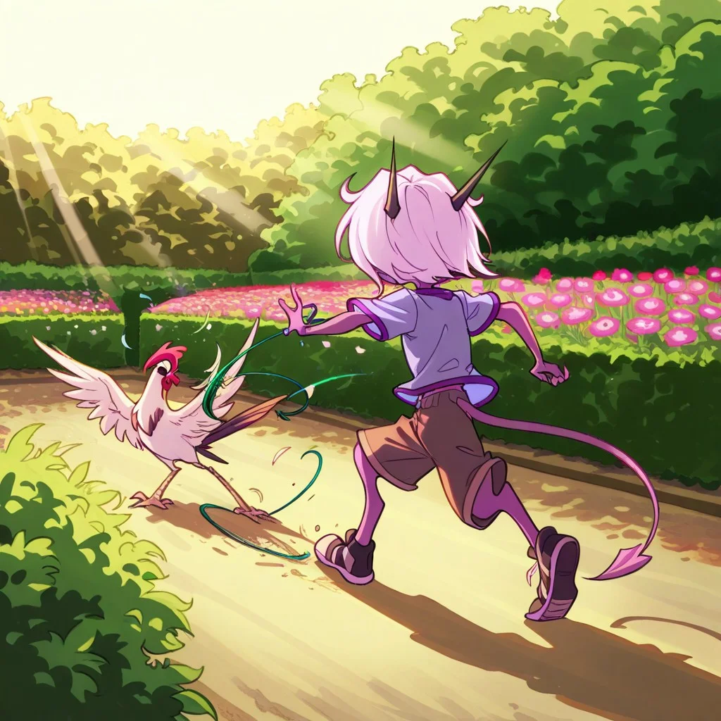 score_9, score_8_up, score_7_up,namah_calah,
1girl,solo,furry,tail, source_furry,horns,
,<lora:namah_calah_illustrious:0.8>,
child, kid,
Chasing a rooster Through a Garden, peacock, chasing, garden, shorts, shirt, sneakers, sunlight, flowers, feathers, panting, bushes, wild_run, bright_tones, sprinting after a rooster, shorts and sneakers tearing through a flower garden, its feathers trailing as she pants and lunges