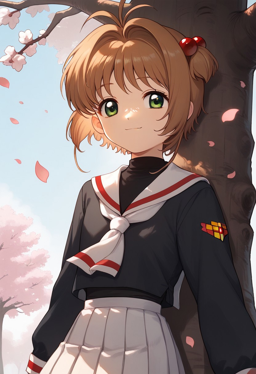 score_9, score_8_up, score_7_up, professional anime,1girl,solo,( kinomoto sakura from CARDCAPTOR SAKURA),green eyes, brown_hair, short_hair, antenna_hair, hair_intakes, flat_chest, hair_bobbles, white_skirt, pleated_skirt, black_shirt, white_sailor_collar, white_neckerchief, long_sleeves,slight smile,Under a tree, cherry tree, petals all over the stage