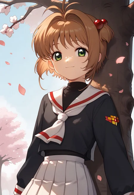 score_9, score_8_up, score_7_up, professional anime,1girl,solo,( kinomoto sakura from CARDCAPTOR SAKURA),green eyes, brown_hair, short_hair, antenna_hair, hair_intakes, flat_chest, hair_bobbles, white_skirt, pleated_skirt, black_shirt, white_sailor_collar, white_neckerchief, long_sleeves,slight smile,Under a tree, cherry tree, petals all over the stage