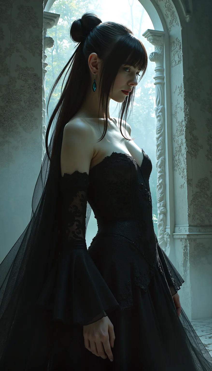 Fantasy woman exuding elegance and mystery, Rossdraws style, dimensional blend with textures akin to Sabbas Apterus, in a hauntingly beautiful settinginterplay of light and shadow