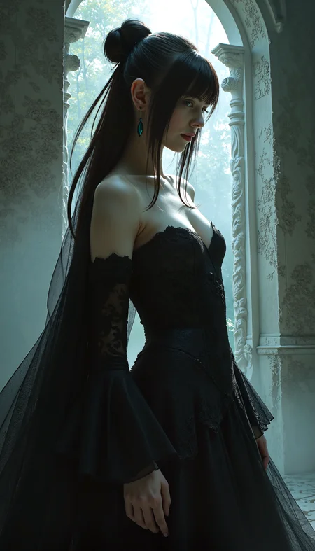 Fantasy woman exuding elegance and mystery, Rossdraws style, dimensional blend with textures akin to Sabbas Apterus, in a hauntingly beautiful settinginterplay of light and shadow
