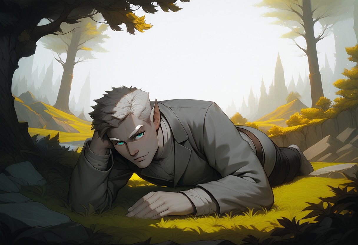(score_9, score_8_up:1.1), score_7_up, score_9, score_8_up, score_8, score_7_up, dynamic angle, ((full body)), masculine, relaxing, leaning on riverbank, 1boy, solo, sexy, athletic, vox machina style, solo, warlock, fantasy, forest background, (dynamic lighting:1.1) ((masterpiece)), detailed eyes, (((detailed iris))), pupils, perfecteyes, perfect eyes, best quality, ((masterpiece)), sharp cheekbones, gaunt face, defined cheekbones, 28 years old, (adult, mature), hard face, slight smile, ((thin lips)), (half_elf:0.5), dark elf, (((grey skin))), white hair, (((short hair))), professional, (legion haircut), (short cut sides), (short bangs), (((white eyebrows))), light eyebrows, ((((pale grey ((((short)))) tipped ears)))), pointed_ears:0.5, ((short pointed ears)), eyebrow scar on left side of face, cheek scar, ((detailed turquoise eyes))