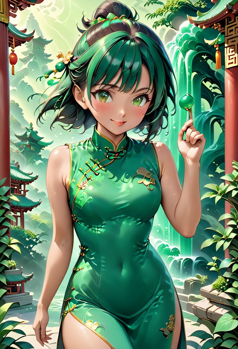 score_9, score_8_up, score_7_up, score_6_up, 1girl, petite body, 19yo beatifull, chinese girl, wearing green Cheongsam , fighting stance,  cute , shy, smile, background: chinese temple made out of jade, detailed background,  refreshing, dynamic lighting, dramatic and magical,