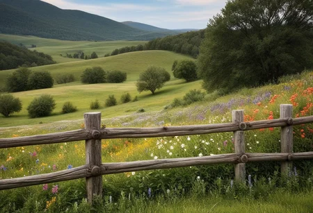 "A rustic wooden fence with a weathered finish, surrounded by colorful wildflowers, set against a backdrop of a serene countryside landscape."