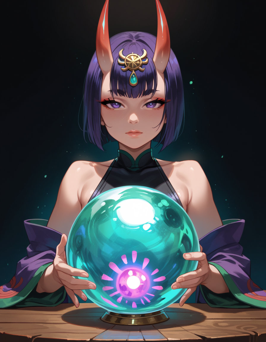 score_9, score_8_up, score_7_up, score_6_up, score_5_up, score_4_up, 1girl, shuten_douji_\(first_ascension\)_\(fate\), hud_cryst4l_b4ll, glowing, crystal ball, orb, upper body, table, <lora:hud_cryst4l_b4ll_XLP:0.6>
