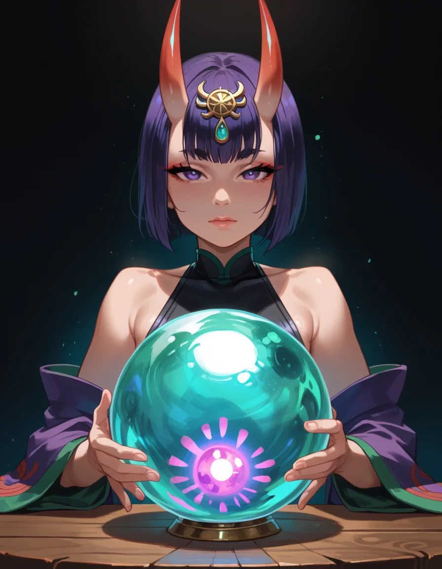 score_9, score_8_up, score_7_up, score_6_up, score_5_up, score_4_up, 1girl, shuten_douji_\(first_ascension\)_\(fate\), hud_cryst4l_b4ll, glowing, crystal ball, orb, upper body, table, <lora:hud_cryst4l_b4ll_XLP:0.6>