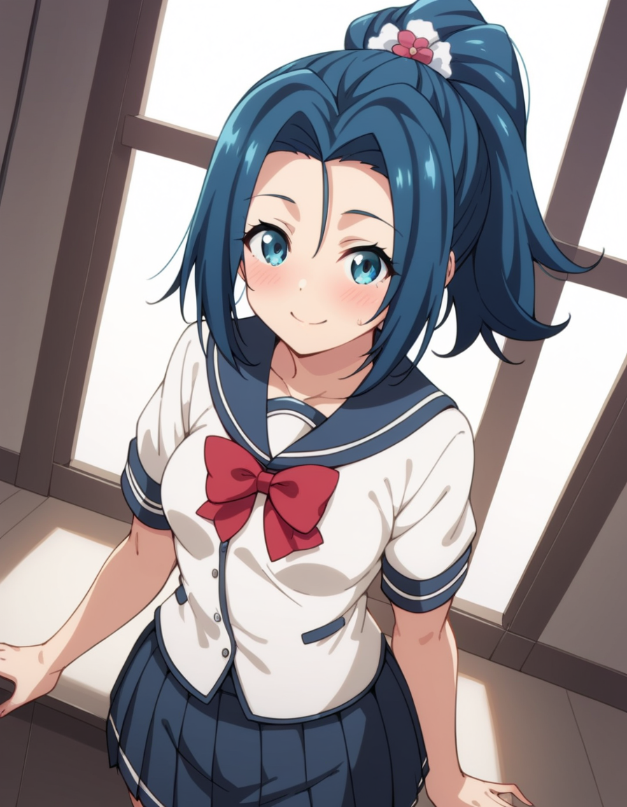 score_9, score_8_up, score_7_up, source_anime, uncensored, <lora:StS_detail_slider_v1:3>, zPDXLxxx, <lora:Hina_Hanetachi_PONYXL_VexVexX:1>, HinaHanetachi, 1girl, blue eyes, blue hair, ponytail, hair ornament, hair flower, medium-small breasts, school uniform, serafuku, pleated skirt, red bow, cowboy shot, indoors, from above, Arch your back slightly while pushing your chest forward, creating a flattering curve and emphasizing your silhouette, thighs, looking at viewer, smile,