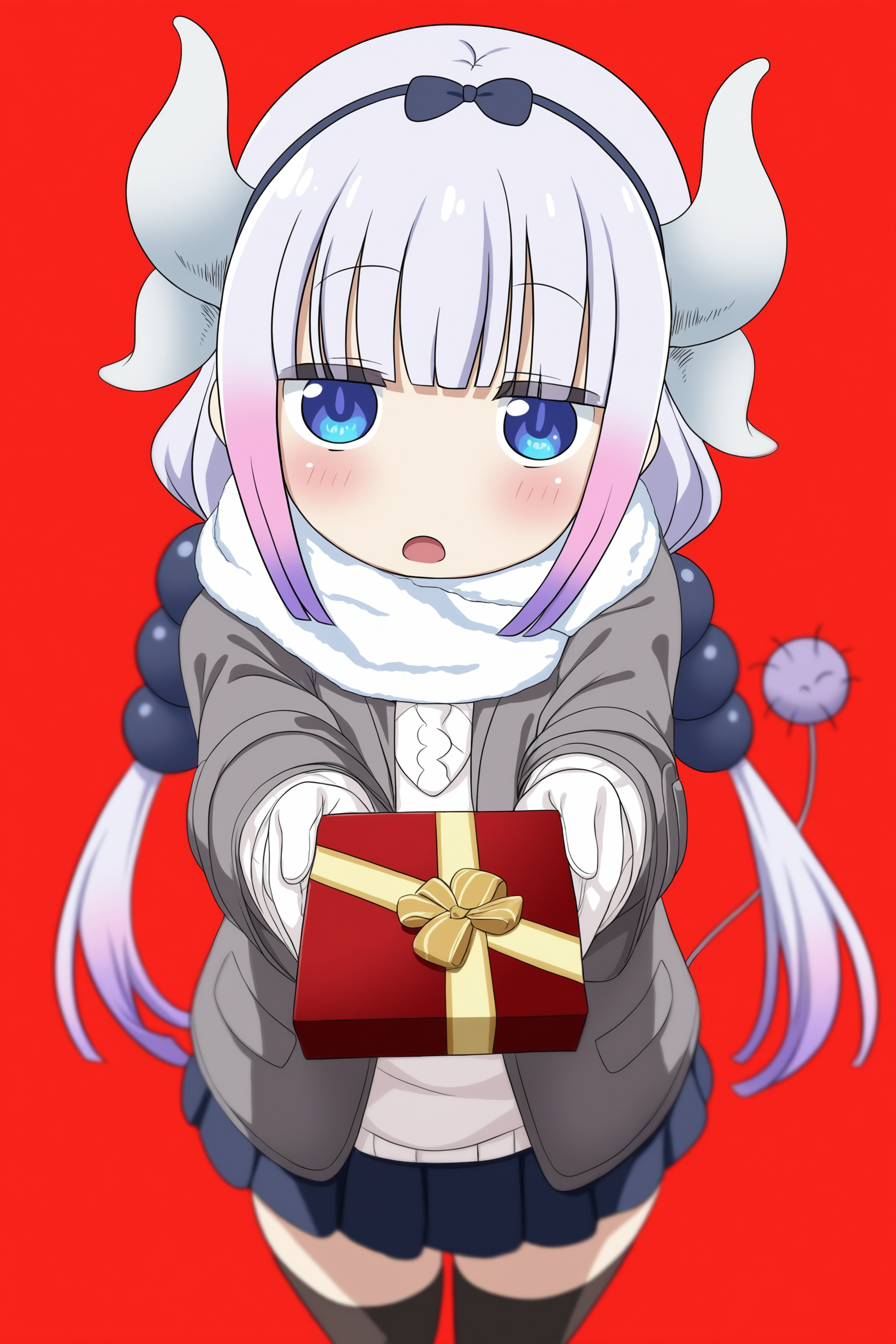 kobayashi-san chi no maidragon, kanna kamui, 1girl, child, (((aged down, petite))), blue bow, blue eyes, blue hairband, blunt bangs, blush, bow, bow hairband, dragon girl, dragon horns, dragon tail, hair bobbles, hair bow, hair ornament, hairband, horns, long hair, low twintails, no nose, purple hair, raised eyebrows, sidelocks, solo, tail, twintails, thick thighs, simple background, red background, looking at viewer, :3, open mouth, blush, embarrassed, (upper body), white scarf, open jacket, grey jacket, winter clothes, winter coat, long coat, white sweater, black skirt, skirt suit, pencil skirt, miniskirt, black thighhighs, zettai ryouiki, white earmuffs, white gloves, valentine, happy valentine, box of chocolates, incoming gift, from above, close-up, 
gaou \(babel\), (shiina excel, mochitsuki kagami:1.15), 
(masterpiece, best quality, absurdres, highres, newest, very awa:1.2), 