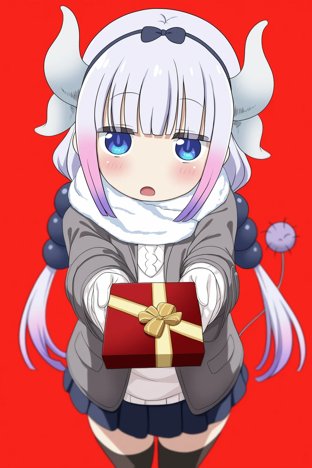 kobayashi-san chi no maidragon, kanna kamui, 1girl, child, (((aged down, petite))), blue bow, blue eyes, blue hairband, blunt bangs, blush, bow, bow hairband, dragon girl, dragon horns, dragon tail, hair bobbles, hair bow, hair ornament, hairband, horns, long hair, low twintails, no nose, purple hair, raised eyebrows, sidelocks, solo, tail, twintails, thick thighs, simple background, red background, looking at viewer, :3, open mouth, blush, embarrassed, (upper body), white scarf, open jacket, grey jacket, winter clothes, winter coat, long coat, white sweater, black skirt, skirt suit, pencil skirt, miniskirt, black thighhighs, zettai ryouiki, white earmuffs, white gloves, valentine, happy valentine, box of chocolates, incoming gift, from above, close-up, 
gaou \(babel\), (shiina excel, mochitsuki kagami:1.15), 
(masterpiece, best quality, absurdres, highres, newest, very awa:1.2), 