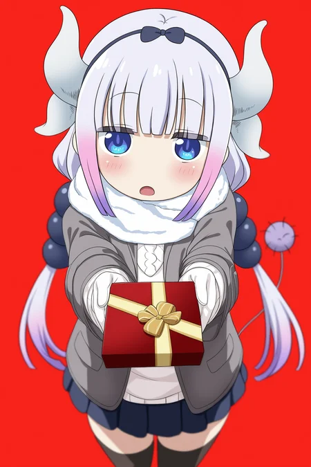 kobayashi-san chi no maidragon, kanna kamui, 1girl, child, (((aged down, petite))), blue bow, blue eyes, blue hairband, blunt bangs, blush, bow, bow hairband, dragon girl, dragon horns, dragon tail, hair bobbles, hair bow, hair ornament, hairband, horns, long hair, low twintails, no nose, purple hair, raised eyebrows, sidelocks, solo, tail, twintails, thick thighs, simple background, red background, looking at viewer, :3, open mouth, blush, embarrassed, (upper body), white scarf, open jacket, grey jacket, winter clothes, winter coat, long coat, white sweater, black skirt, skirt suit, pencil skirt, miniskirt, black thighhighs, zettai ryouiki, white earmuffs, white gloves, valentine, happy valentine, box of chocolates, incoming gift, from above, close-up,
gaou \(babel\), (shiina excel, mochitsuki kagami:1.15),
(masterpiece, best quality, absurdres, highres, newest, very awa:1.2),