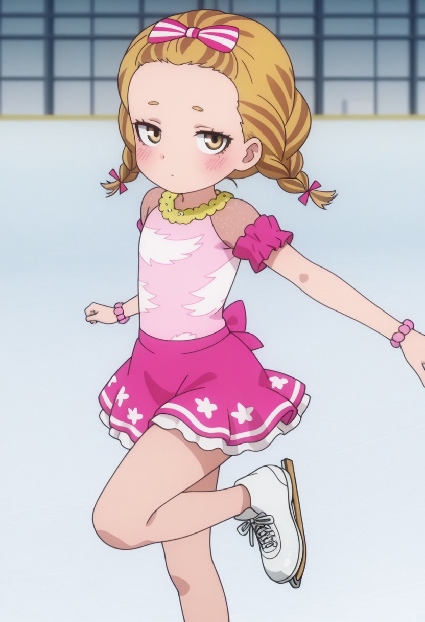 Masterpiece , best quality , amazing quality , anime screencap   ,a girl , leg up  , kkana    , looking at viewer  , skirt , dress  ,twin braids  , skating   , ice skater  , blonde