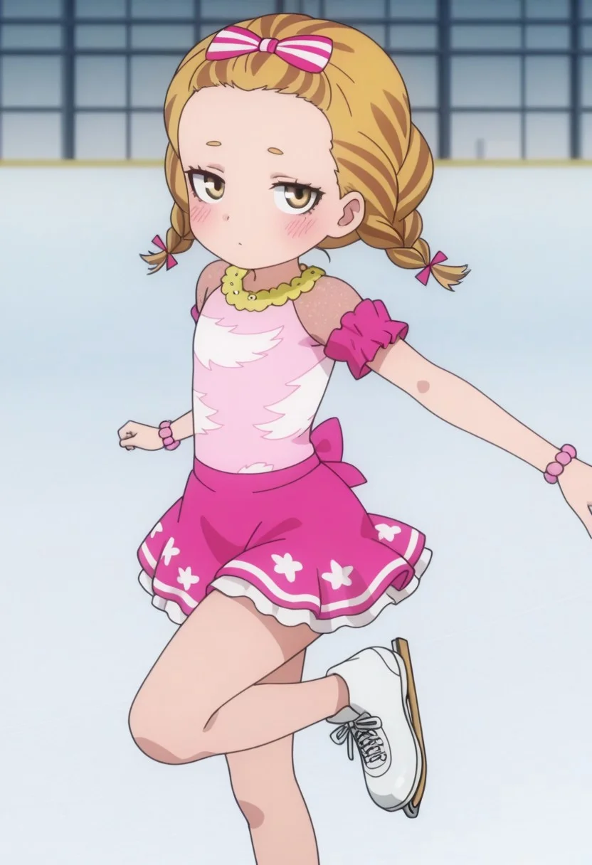 Masterpiece , best quality , amazing quality , anime screencap ,a girl , leg up , kkana , looking at viewer , skirt , dress ,twin braids , skating , ice skater , blonde